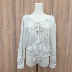Elan Womens Blouse Size S White Boho Peasant Lace Button Front Romantic Cottage